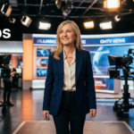 Fiona Phillips speaking during a television interview in a professional studio while smiling confidently at the audience.