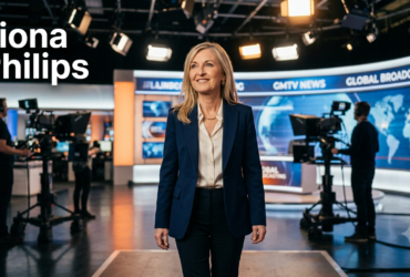 Fiona Phillips speaking during a television interview in a professional studio while smiling confidently at the audience.