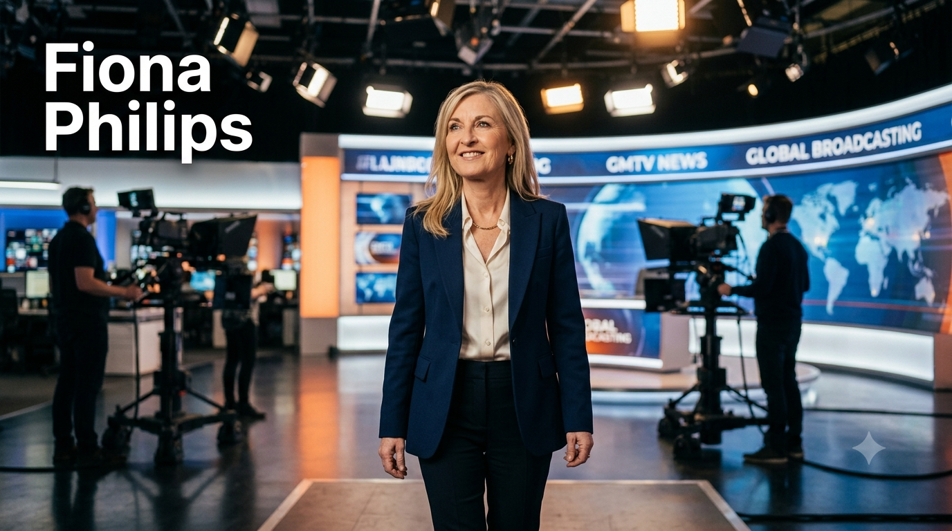 Fiona Phillips speaking during a television interview in a professional studio while smiling confidently at the audience.