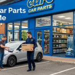Customer collecting automotive parts from a Euro Car Parts store with shelves of car batteries, filters, oils, and brake components in the background. 10 Relevant Tags