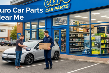 Customer collecting automotive parts from a Euro Car Parts store with shelves of car batteries, filters, oils, and brake components in the background. 10 Relevant Tags