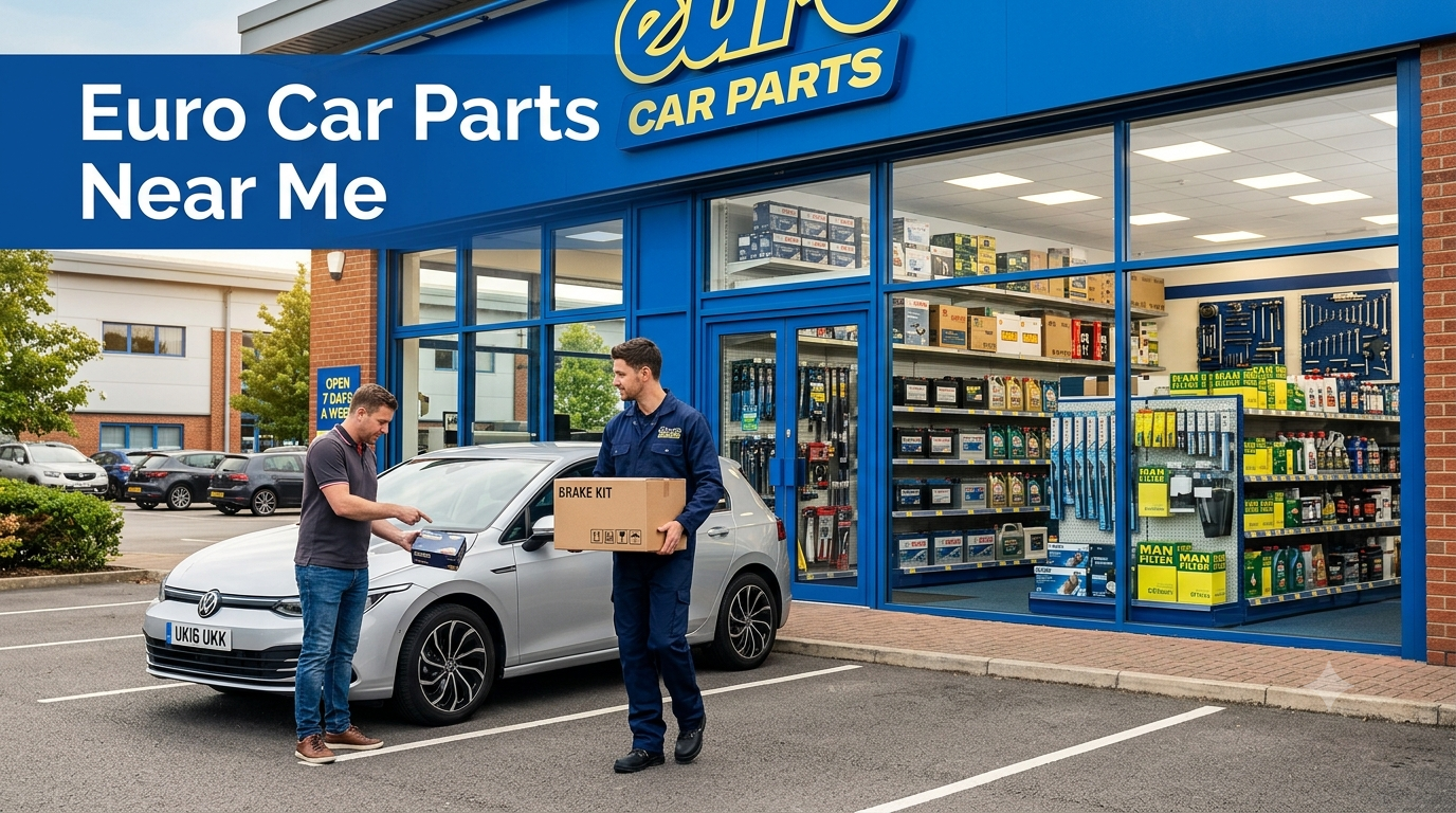 Customer collecting automotive parts from a Euro Car Parts store with shelves of car batteries, filters, oils, and brake components in the background. 10 Relevant Tags