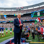 Donald Trump with a football stadium background during the 2026 World Cup discussion