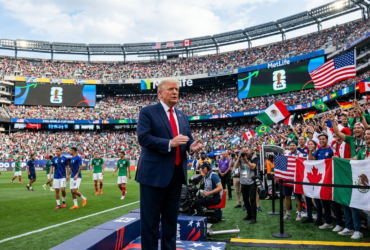 Donald Trump with a football stadium background during the 2026 World Cup discussion