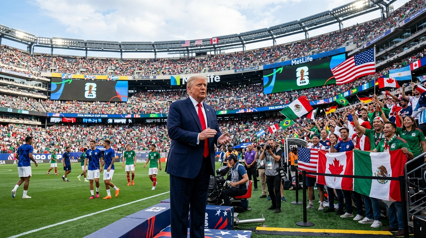 Donald Trump with a football stadium background during the 2026 World Cup discussion