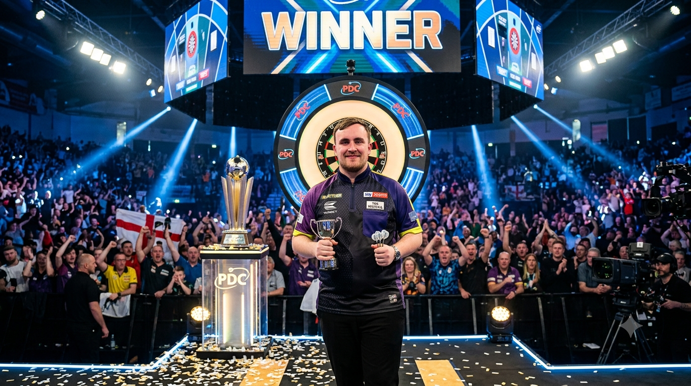Luke Littler playing darts on stage during a professional tournament with fans watching