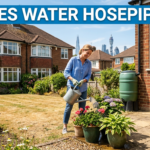 UK homeowner standing beside a dry garden with a turned-off hosepipe during the Thames Water hosepipe ban, highlighting water conservation.