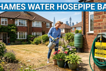 UK homeowner standing beside a dry garden with a turned-off hosepipe during the Thames Water hosepipe ban, highlighting water conservation.