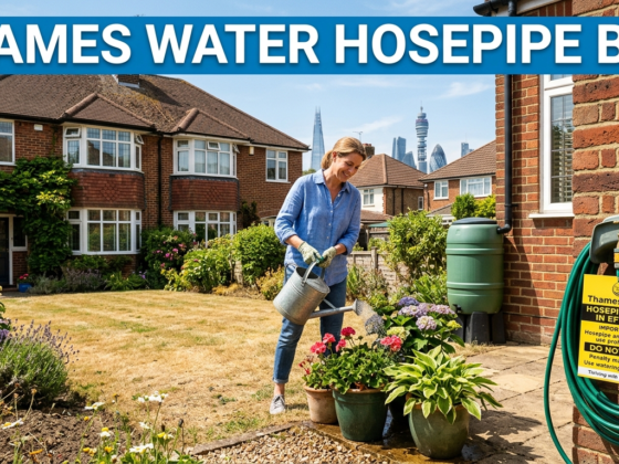 UK homeowner standing beside a dry garden with a turned-off hosepipe during the Thames Water hosepipe ban, highlighting water conservation.