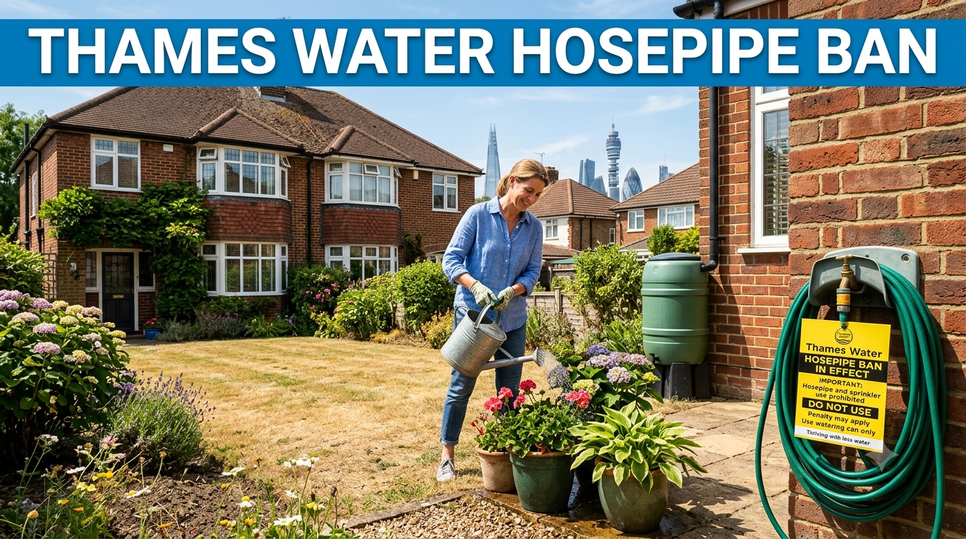 UK homeowner standing beside a dry garden with a turned-off hosepipe during the Thames Water hosepipe ban, highlighting water conservation.