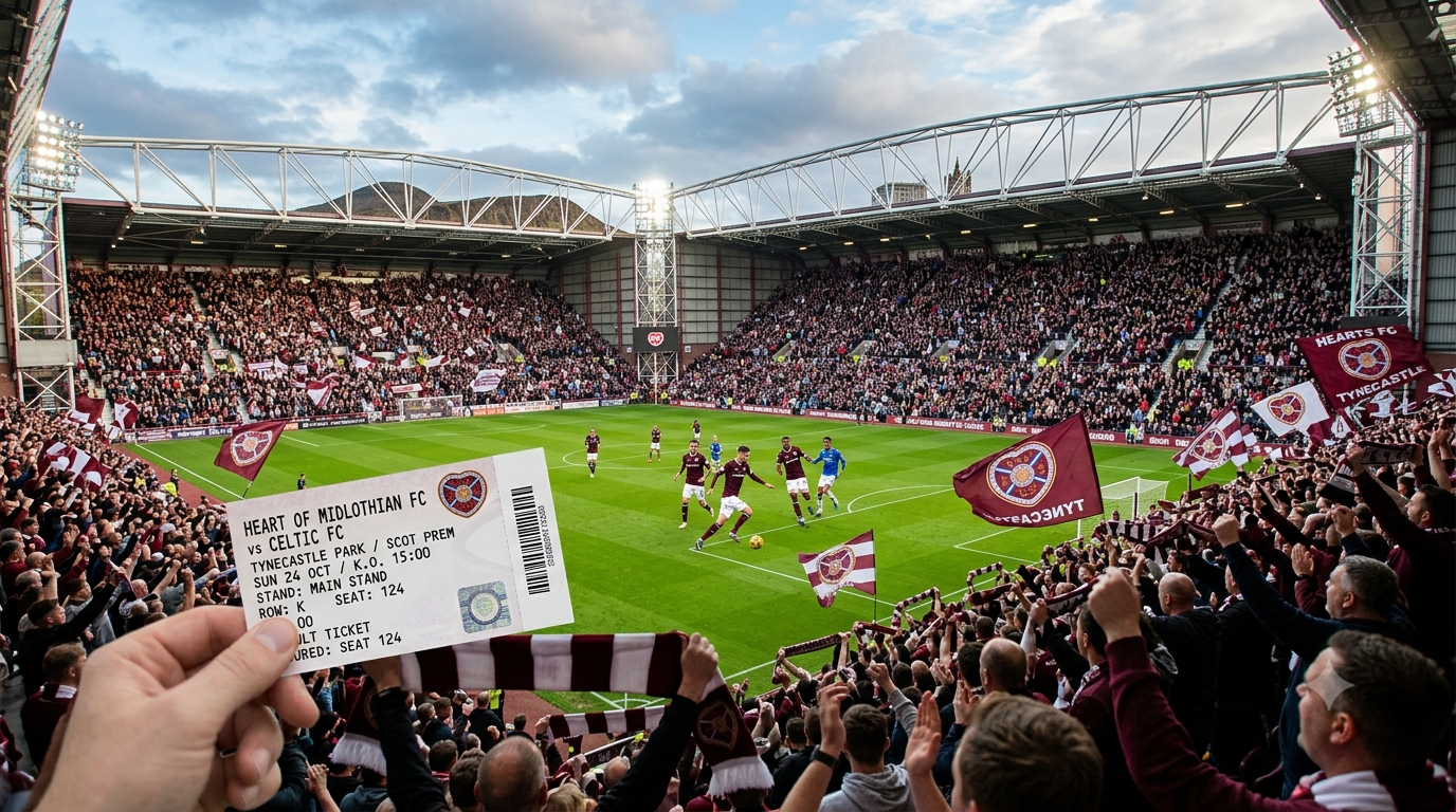 Hearts FC fans cheering inside Tynecastle Park stadium during a football match