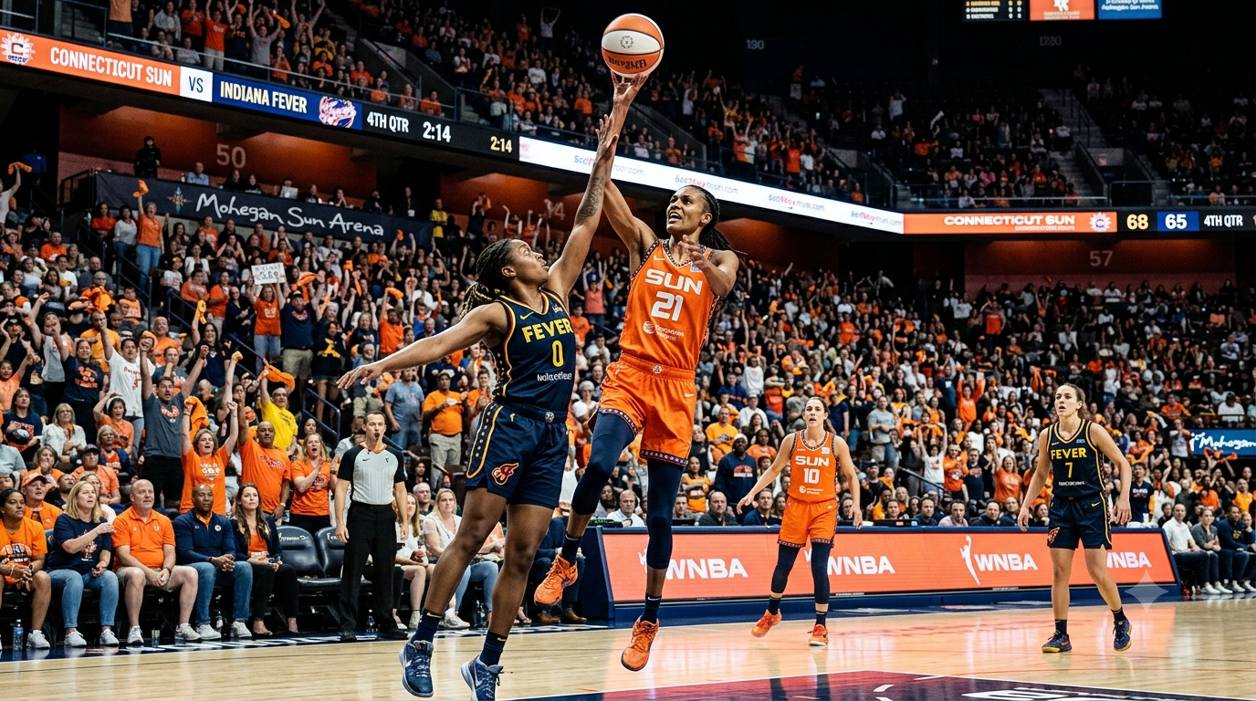Indiana Fever and Connecticut Sun players competing during an exciting WNBA game with a packed arena crowd