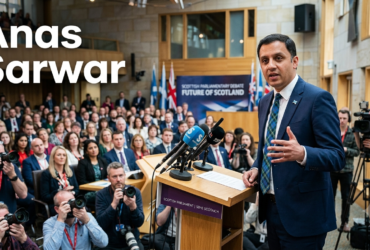 Anas Sarwar speaking at a political event with a Scottish flag backdrop while addressing supporters and the media.