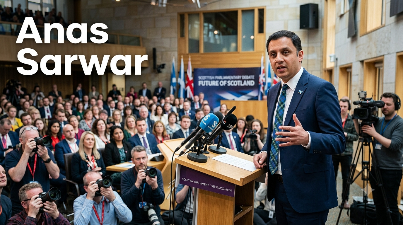 Anas Sarwar speaking at a political event with a Scottish flag backdrop while addressing supporters and the media.
