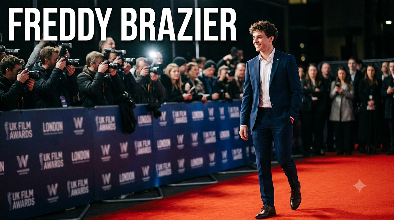 Freddy Brazier attending a public event, smiling on the red carpet in a modern suit during a UK entertainment appearance.