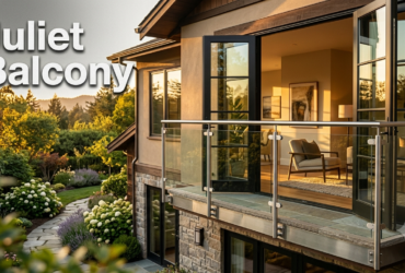 Modern glass Juliet balcony installed outside floor-to-ceiling French doors on a contemporary home with scenic outdoor views