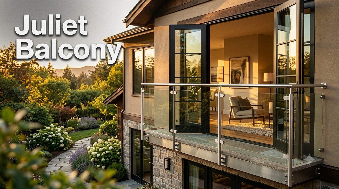 Modern glass Juliet balcony installed outside floor-to-ceiling French doors on a contemporary home with scenic outdoor views