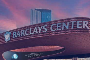 Barclays Center exterior in Brooklyn, New York before a live sports event