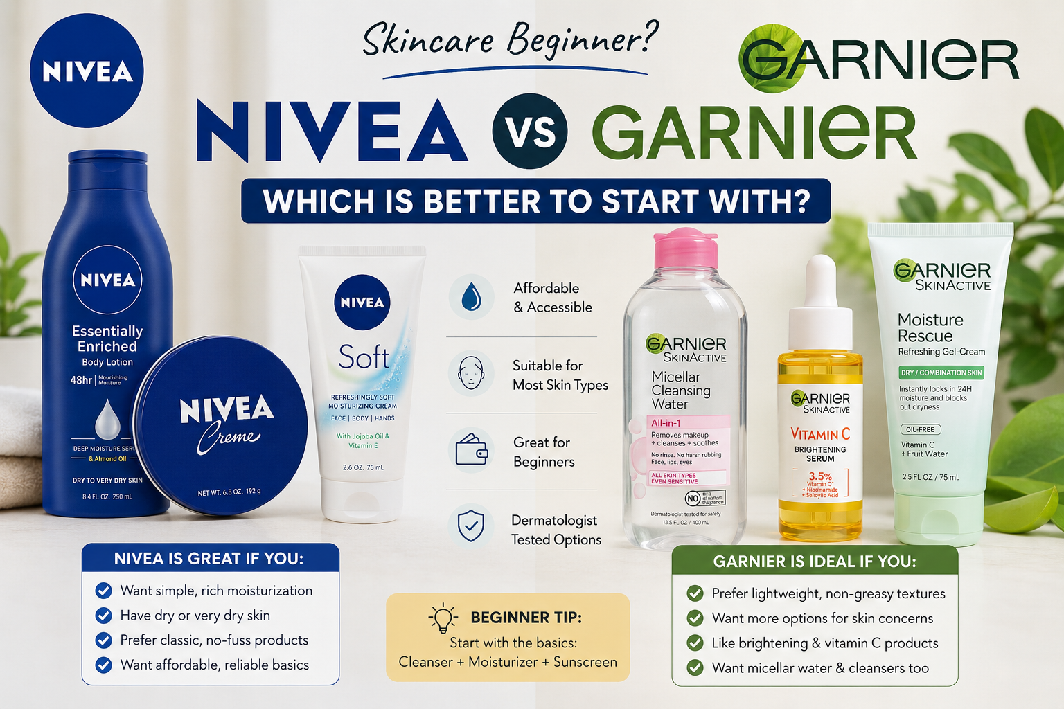 Nivea vs Garnier skincare comparison for beginners