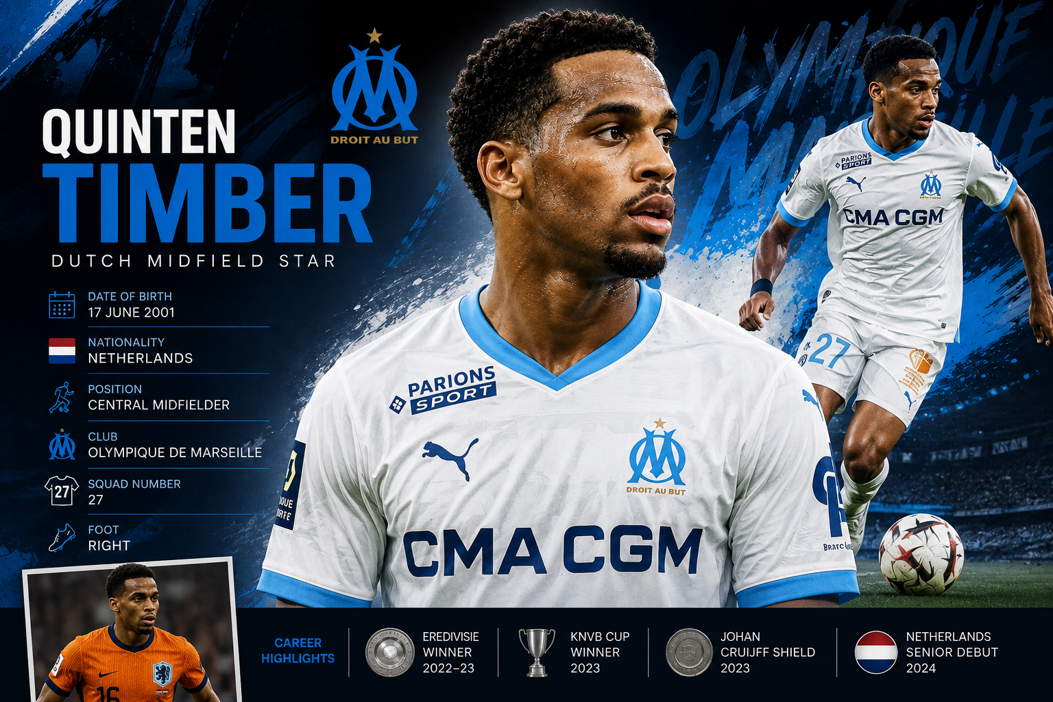 Quinten Timber playing midfield for Olympique de Marseille in 2026