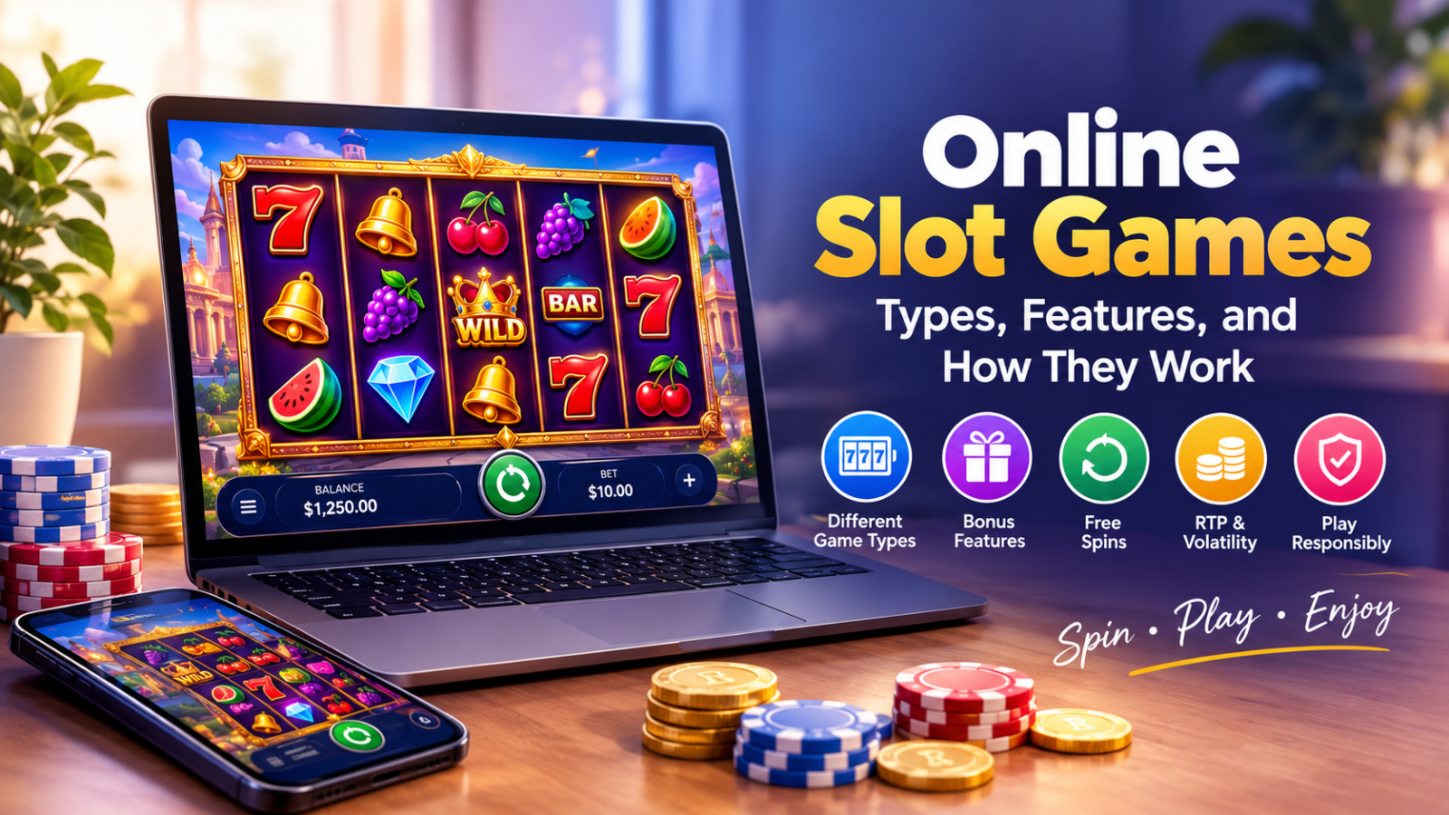 Online slot games displayed on a laptop and smartphone with colorful reels, bonus features, free spins, and gaming symbols.