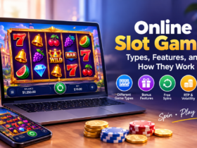 Online slot games displayed on a laptop and smartphone with colorful reels, bonus features, free spins, and gaming symbols.