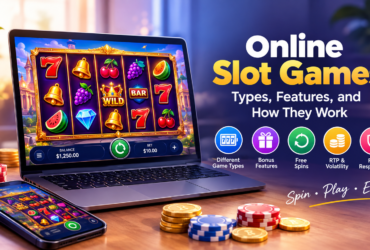 Online slot games displayed on a laptop and smartphone with colorful reels, bonus features, free spins, and gaming symbols.