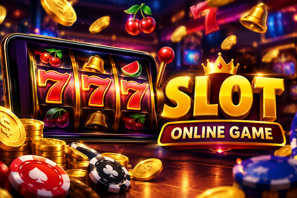 Online slot games displayed on a laptop and smartphone with colorful reels, bonus features, free spins, and gaming symbols.